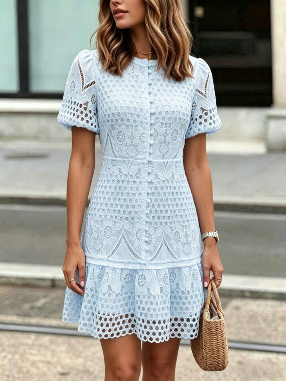 Baby Blue Elegant Women's Hollow-Out Floral Puff Sleeve Mini Dress Ruffle Hem - Picture 7 of 8